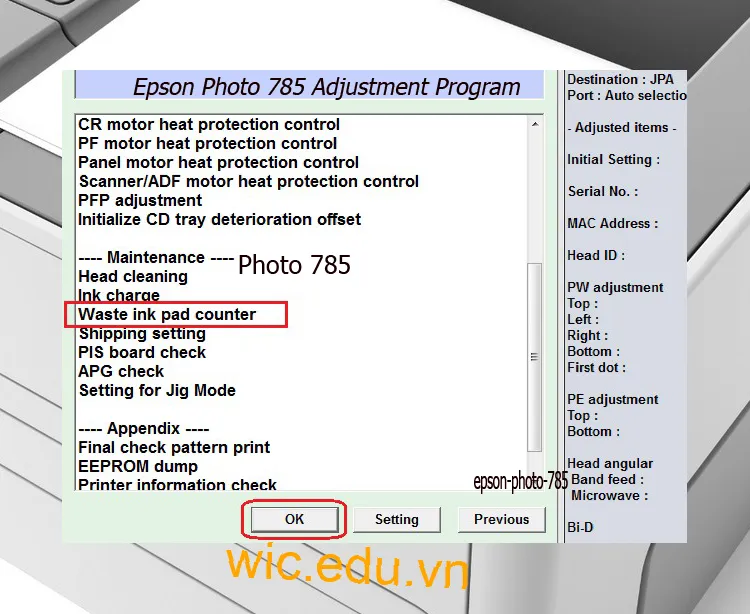 Download Phần mềm reset máy in Epson Photo 785