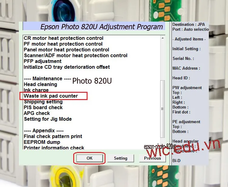 Download Phần mềm reset máy in Epson Photo 820U