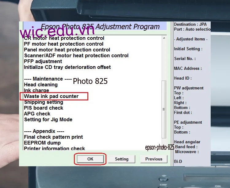 Download Phần mềm reset máy in Epson Photo 825